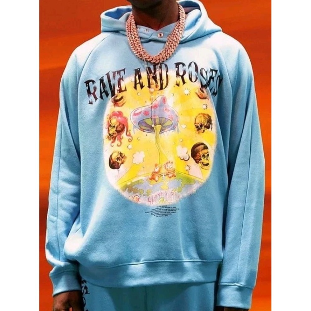 boohoo man Teal Blue Graphic Mushroom Print Soundgasm Streetwear Hoodie Size‎ S